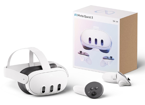 Meta Quest 3 Headset with its gamepads and box